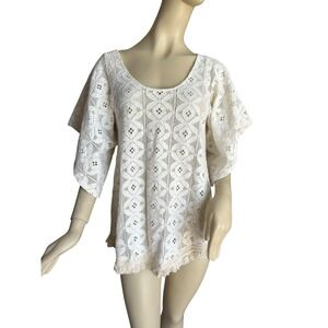 Eberjey White Crochet Lace V-Neck Boho Swim Coverup Long Cotton Bamboo Top Airy
